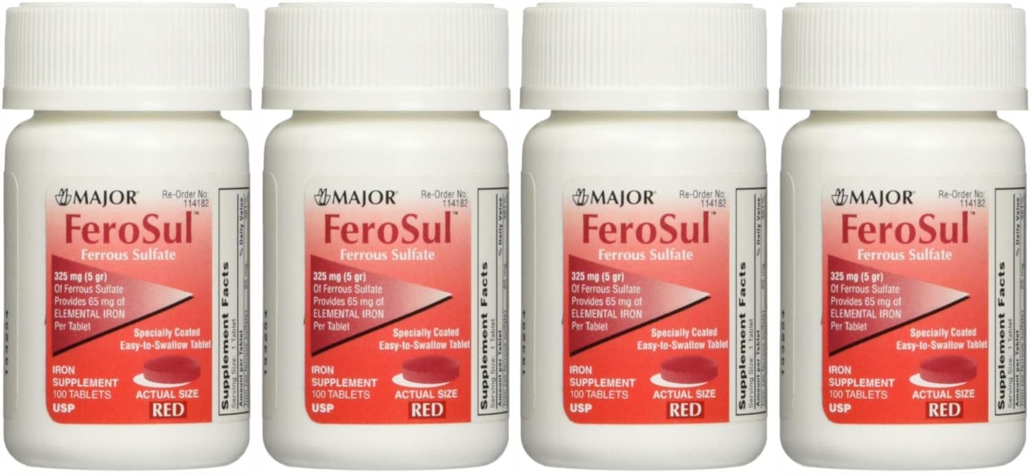 Ferrous Sulfate FC 325mg (5GR) Generic for Feosol Red Tablets 100 Tablets per Bottle 4 Pack Total 400 Tablets by Major Pharmaceuticals