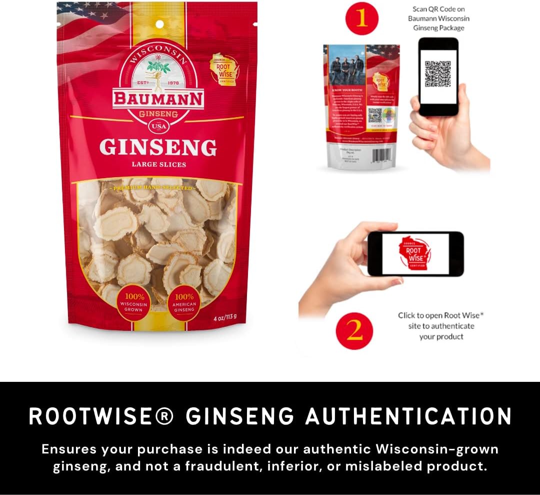 Baumann Wisconsin Ginseng - Medium Slices 4 oz - 100% Natural Panax Ginseng Herb, Pure Dried American Ginseng for Enhanced Focus & Energy