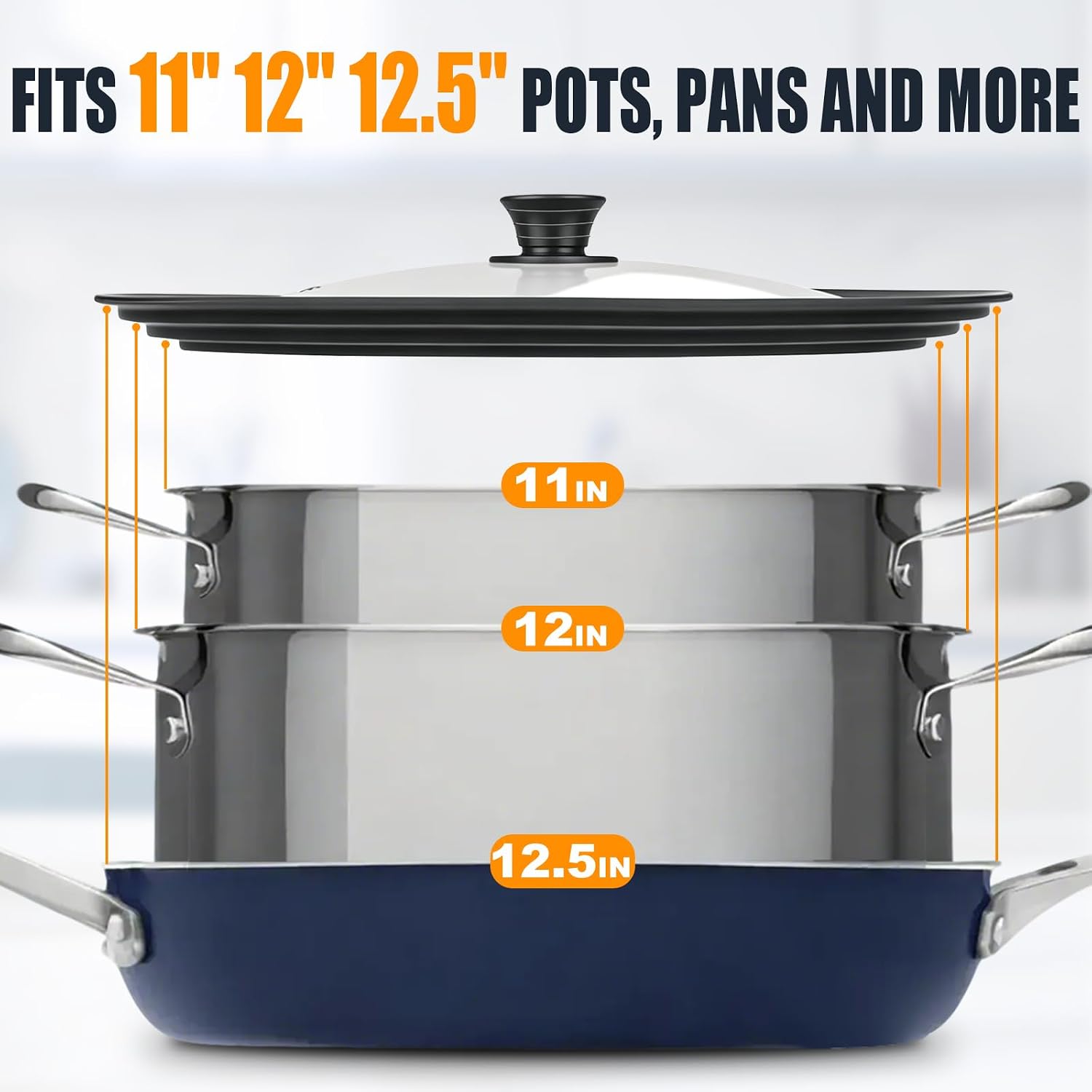 Universal Lid for Pots, Pans and Skillets - Tempered Glass with Heat Resistant Silicone Rim, Fits 10", 11" and 12" Diameter Cookware, Round