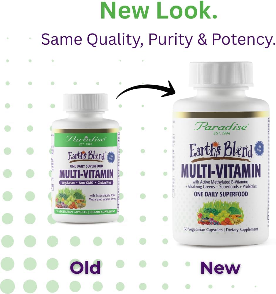 Paradise Herbs & Essentials Once Daily Multivitamin Iron 60 Capsules | Organic superfoods, probiotics, and vitamins A, B12, C, D, K2 in a dietary supplement for immune and bone support.