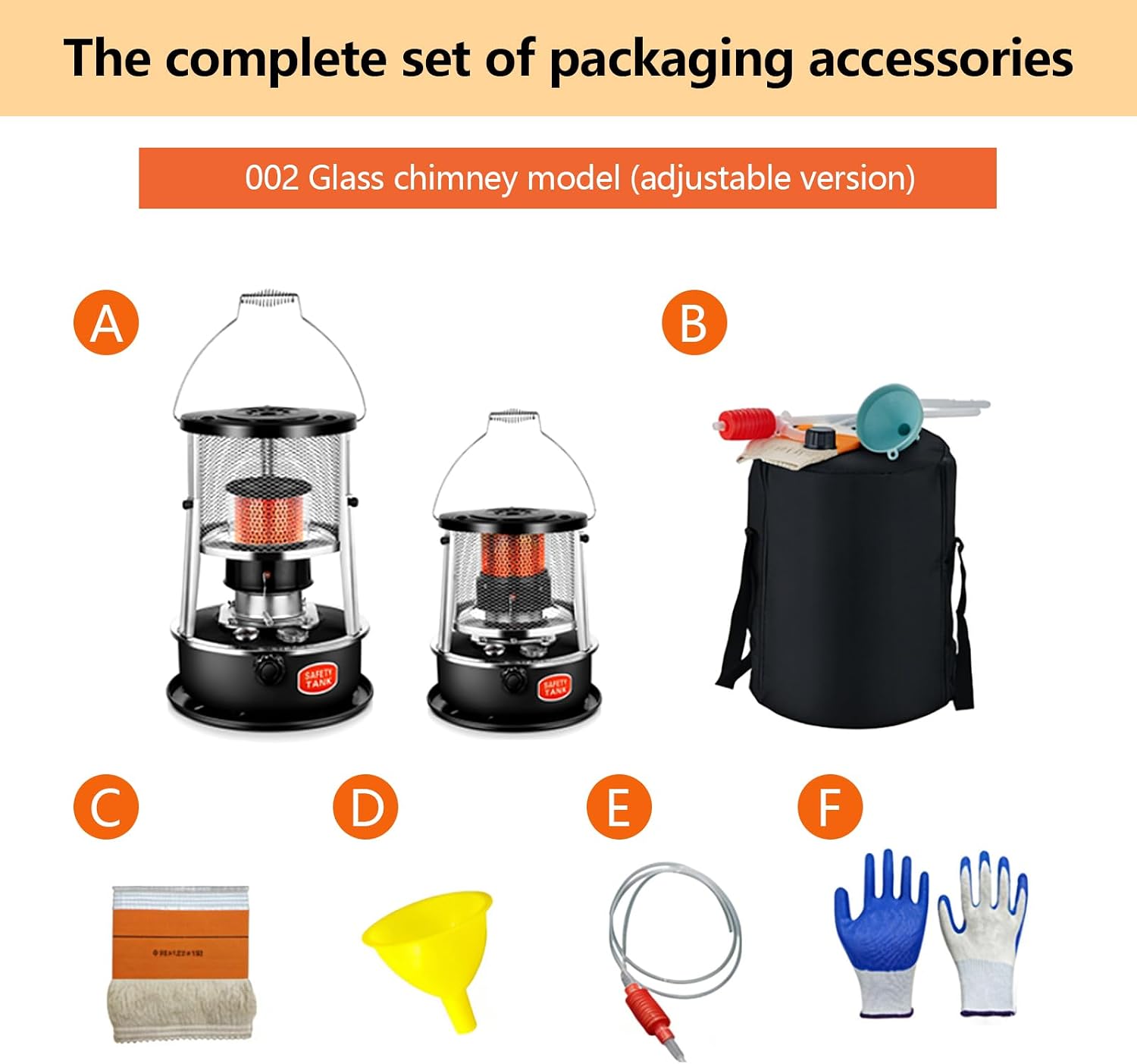 Portable Kerosene Heater, Adjustable Height 5.2L 20-25 Hours Heat 2.6KW Output for Garage Camping Emergency, with Safety Net and Accessories