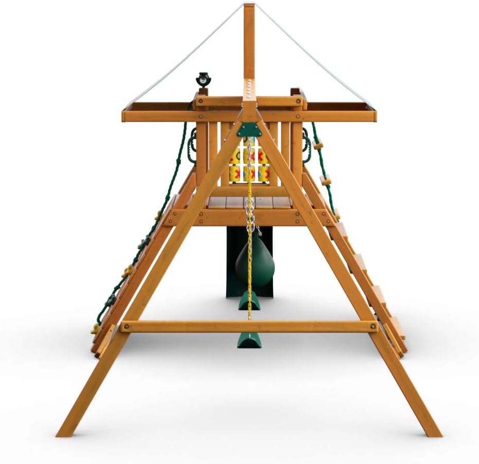 Gorilla Playsets 01-1059-AP High Point Wood Swing Set with Green Vinyl Canopy, Two Swings, Rock Climbing Wall, Slide, Amber