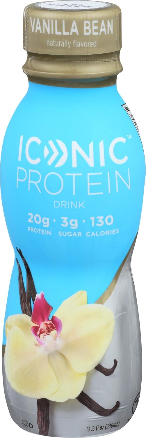 Iconic Protein Drinks, Vanilla Bean (12 Pack) - Sugar Free & Low Carb - 20g Grass Fed Protein - Lactose Free, Gluten Free, Non-GMO, Kosher - Keto Friendly Protein Shakes