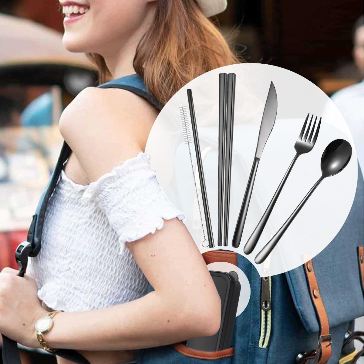 AARAINBOW 6 Pieces 18/8 Stainless Steel Flatware Set Portable Reusable Cutlery Set Travel Utensils Set Including Chopsticks Knife Fork Spoon Straws