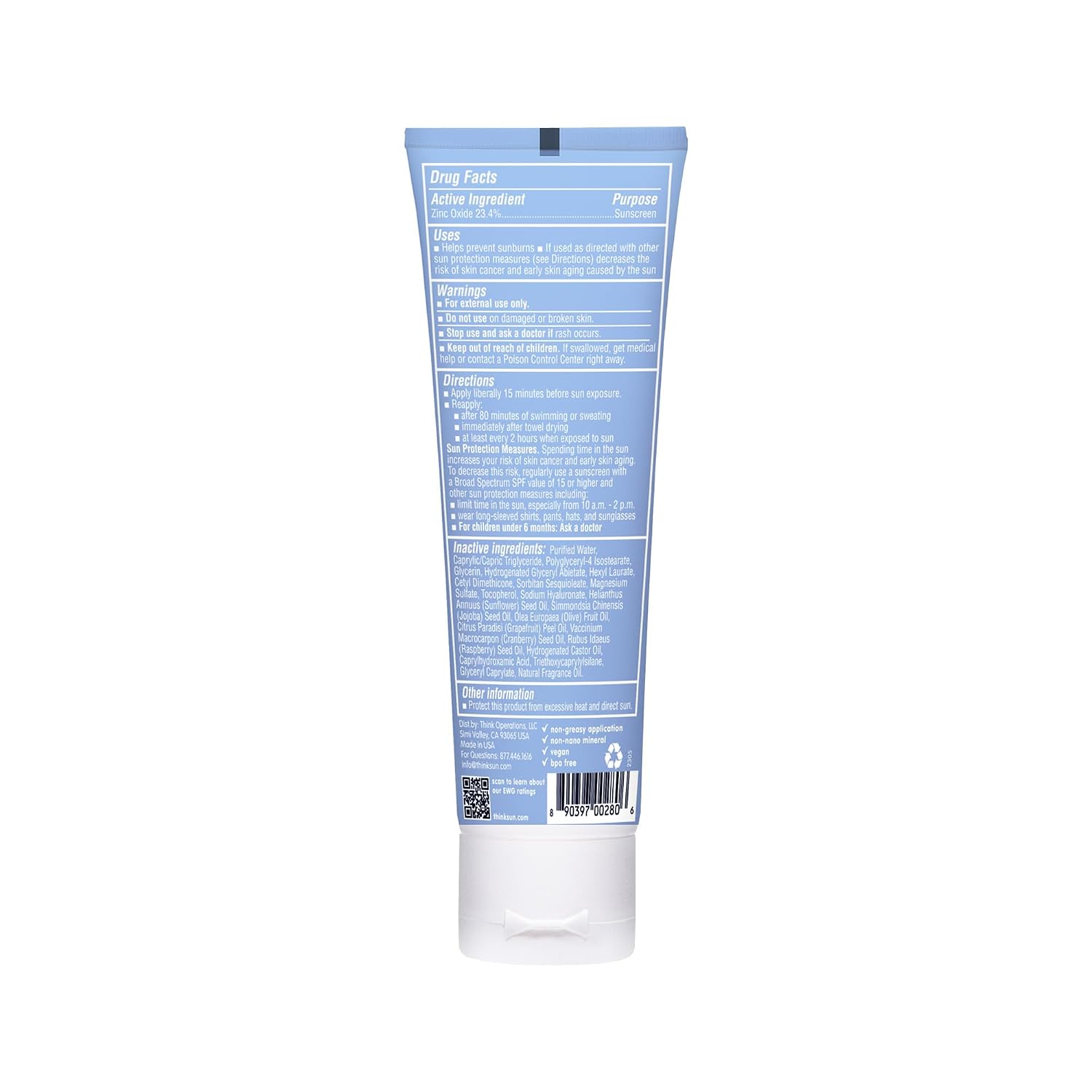 Thinksport Mineral Sunscreen SPF 50+ Zinc Oxide, Water Resistant, 3 Fl Oz