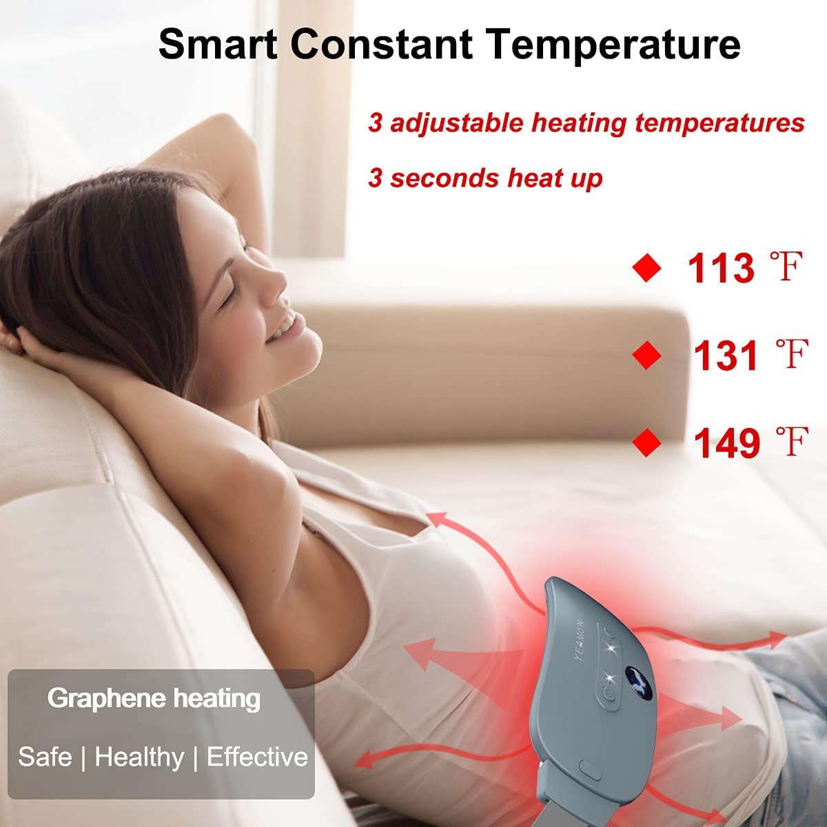 Portable Cordless Heating Pad, Electric Waist Belt Device, Fast Heating Pad with 3 Heat Levels and 3 Massage Modes, Back or Belly Heating Pad