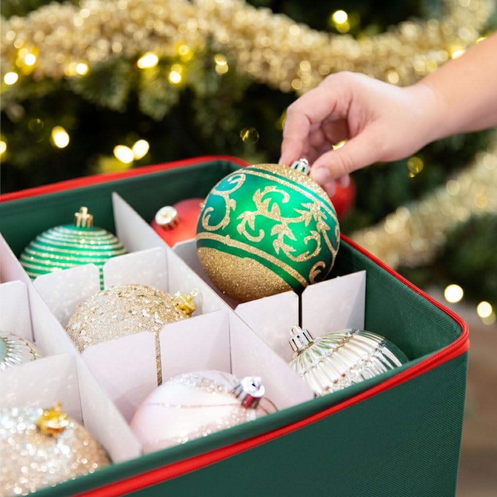Christmas Ornament Storage Container with Dividers - Box Stores Up to 54 Ornaments, Zippered, Convenient, Adjustable