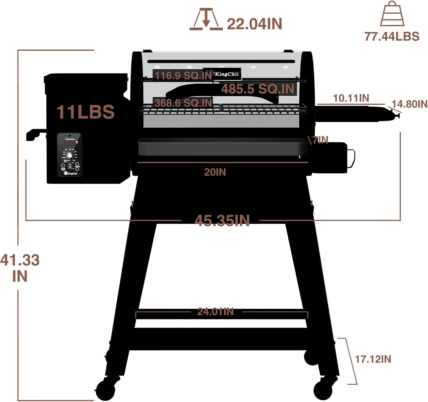 KingChii Electric Wood Pellet Grill & Smoker with Side Shelf, 456 SQ.IN Grill Capacity, with PID Temperature Control (180-425°F) for Backyard Camping Bake and Roast, Black