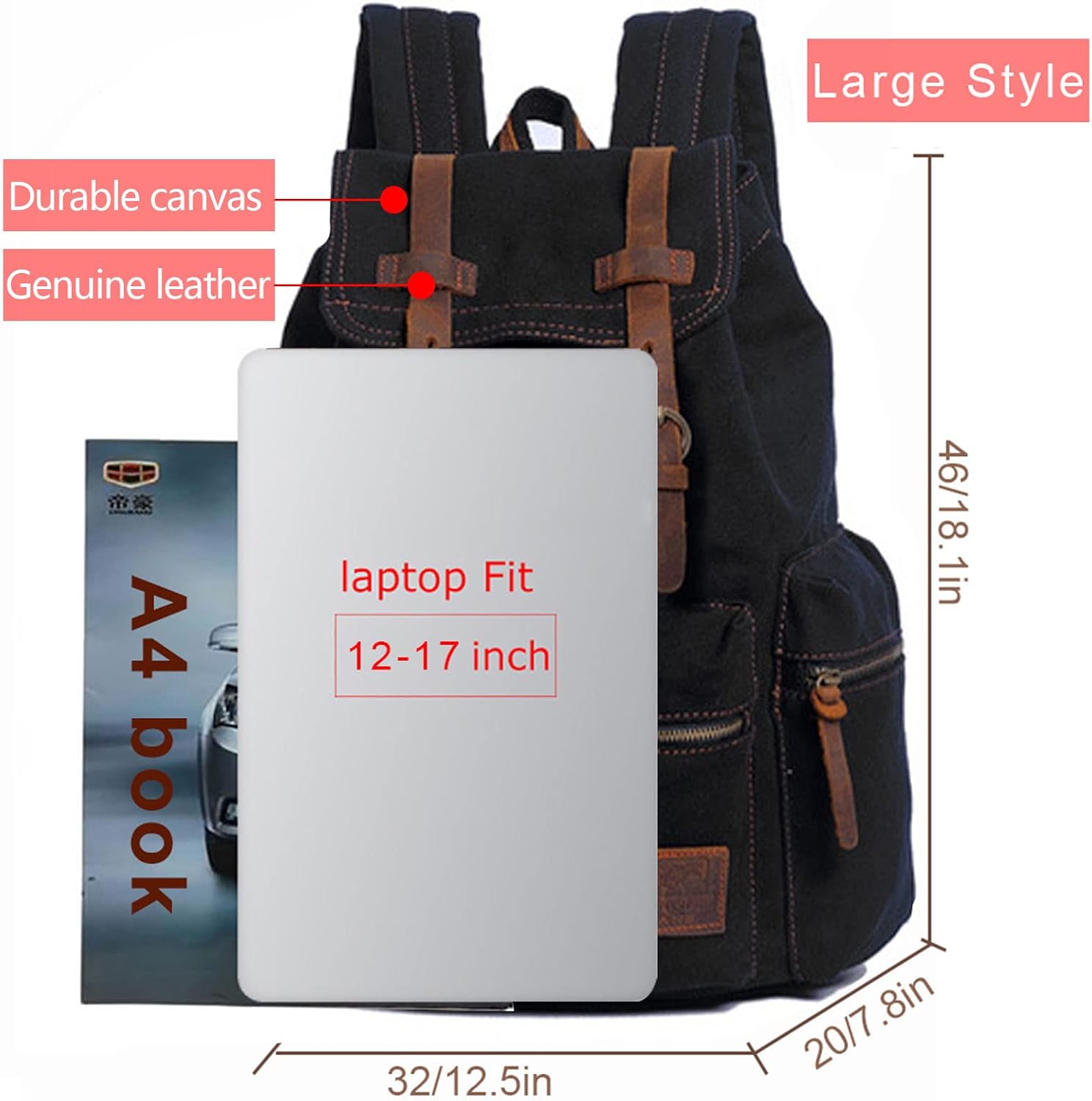 AUGUR High Capacity Canvas Vintage Backpack - for School College Hiking Travel 12-17" Laptop