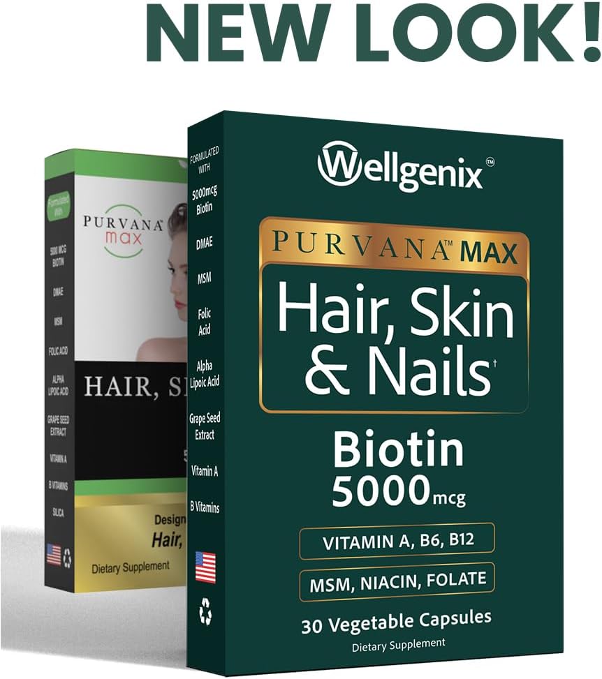 Wellgenix Purvana MAX Hair Skin and Nails Supplement – 5000mcg Biotin with MSM & B-Complex – Support for Thicker Hair, Stronger Nails & Glowing Skin – 30 Veggie Capsules | Biotin, MSM & hyaluronic acid in vegetable capsules for thicker, fuller hair, stro…