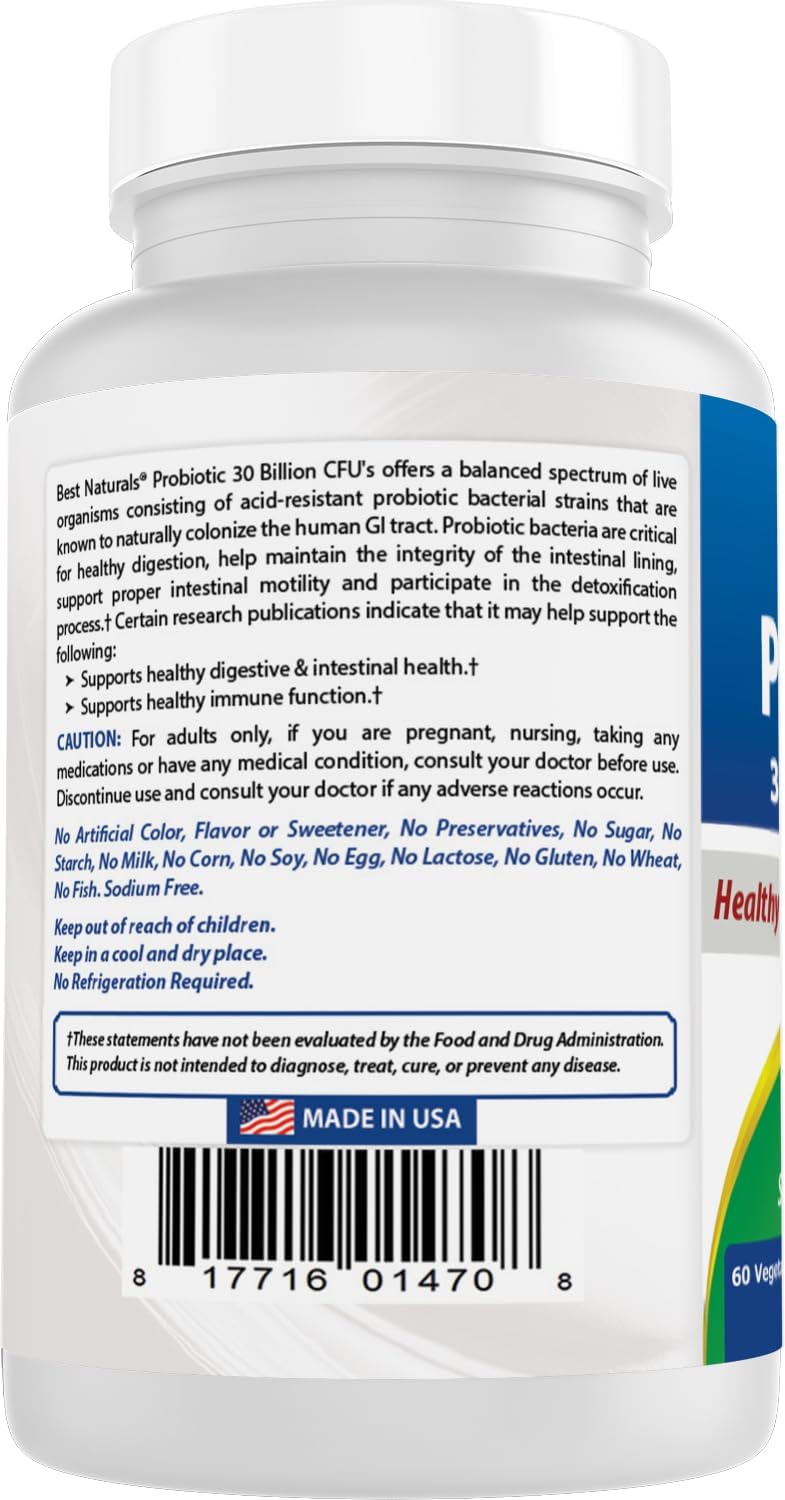 Best Naturals Probiotic 10 Strains & 30 Billion CFU Intestinal Flora, 60 Veggie Capsules (60 Count (Pack of 1))