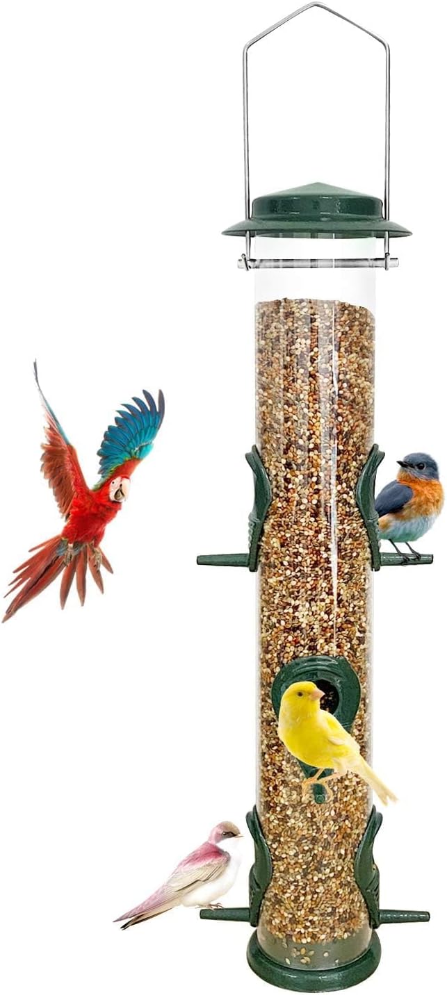 MIXXIDEA 1PK Metal Bird Feeders with 6 Feeding Ports, Tube Bird Feeder with Steel Hanger, Hard Plastic Wild Bird Feeder for Outdoors Hanging