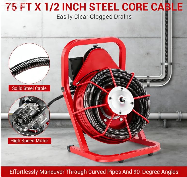 100Ft 3/4 Inch Drain Cleaning Machine. Sewer Snake 750w Auto Feed | Portable Drain Cleaning Machine Electric Drain Auger Sewer Auger with 6 Cutter Air-Activated Foot Switch for 4" to 8" Pipes