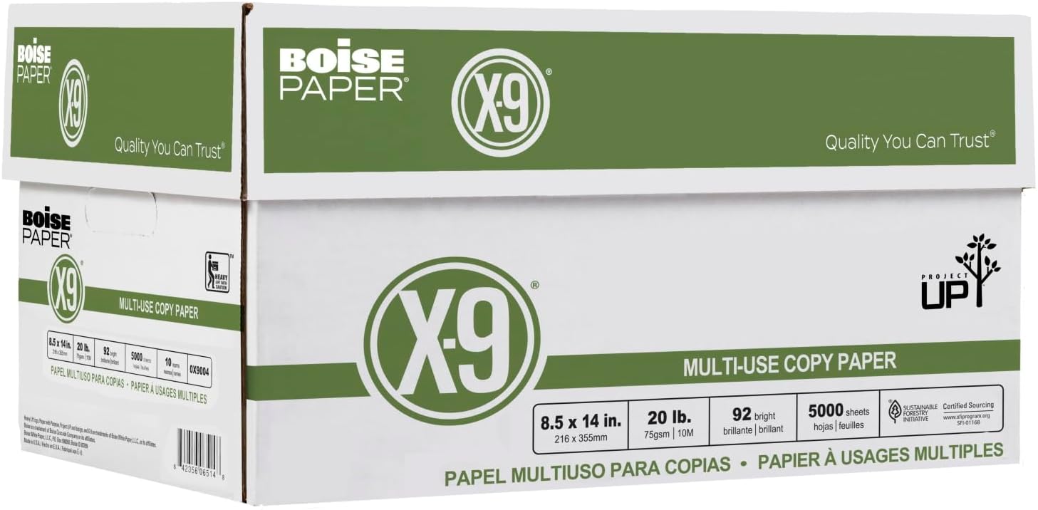 Boise® X-9® Multi-Use Printer & Copy Paper, 10 Reams, White, Legal (8.5" x 14"), 5000 Sheets Per Case, 20 Lb, 92 Brightn