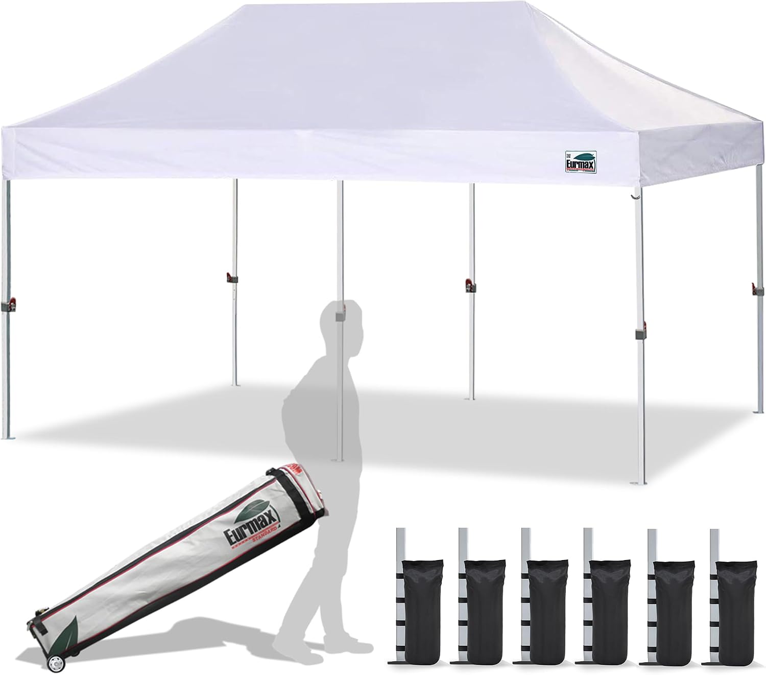 Eurmax USA 10x10ft Pop Up Canopy,Commercial Instant Tent for Outdoor Events,Patented No-Tip Rolling Storage Bag with 4 Sandbags,UV & Water Resistant,Heavy Duty Portable Shelter Gazebo,Black