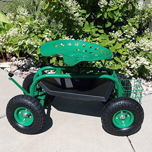 Sunnydaze Rolling Garden Cart with Seat - Garden Stool with Wheels and Adjustable 360-Degree Swivel Seat - Utility Tool Tray and Storage Basket - Green