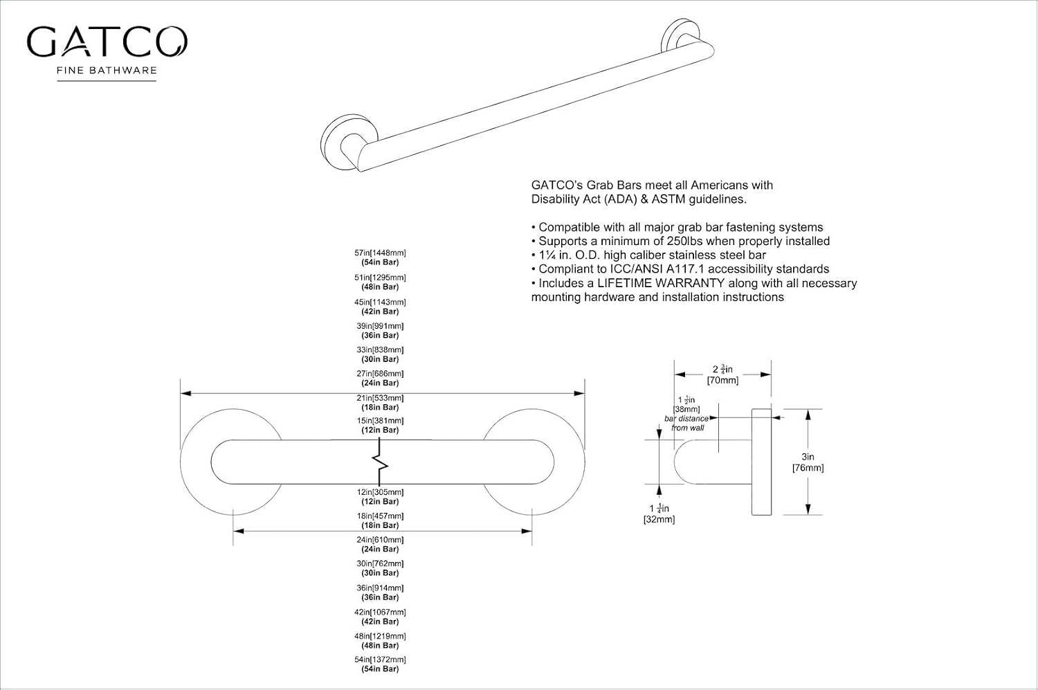 Gatco 970 Glam Shower Grab Bar, 12 Inch, ADA Compliant Stainless Steel, Satin Nickel, Wall Mounted Bathroom Handrail