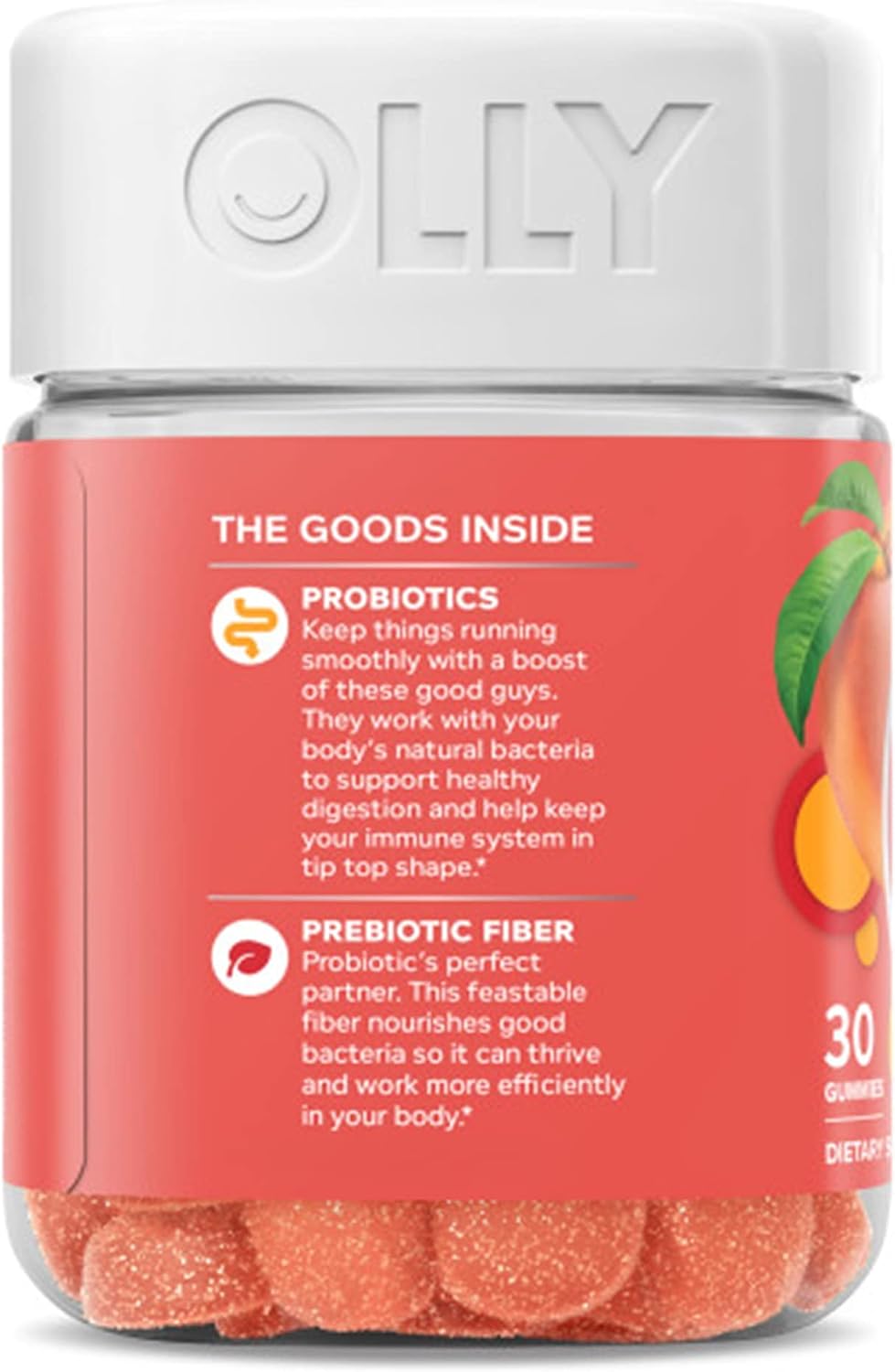 OLLY Probiotic + Prebiotic Gummy, 500 million CFUs, Peachy Peach - 30 Count