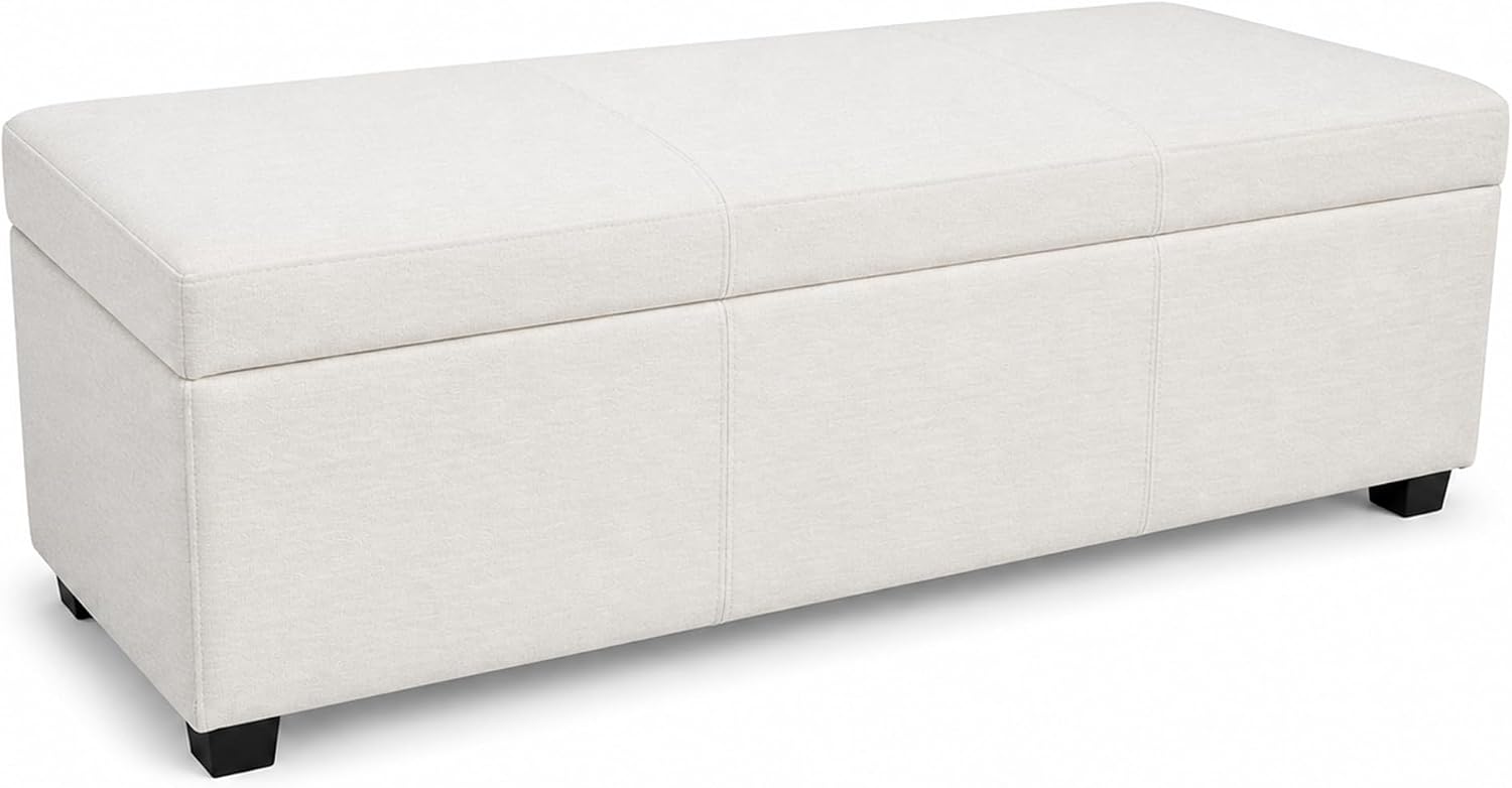 SIMPLIHOME Avalon 54" Wide Vegan Leather Storage Ottoman in Tanners Brown