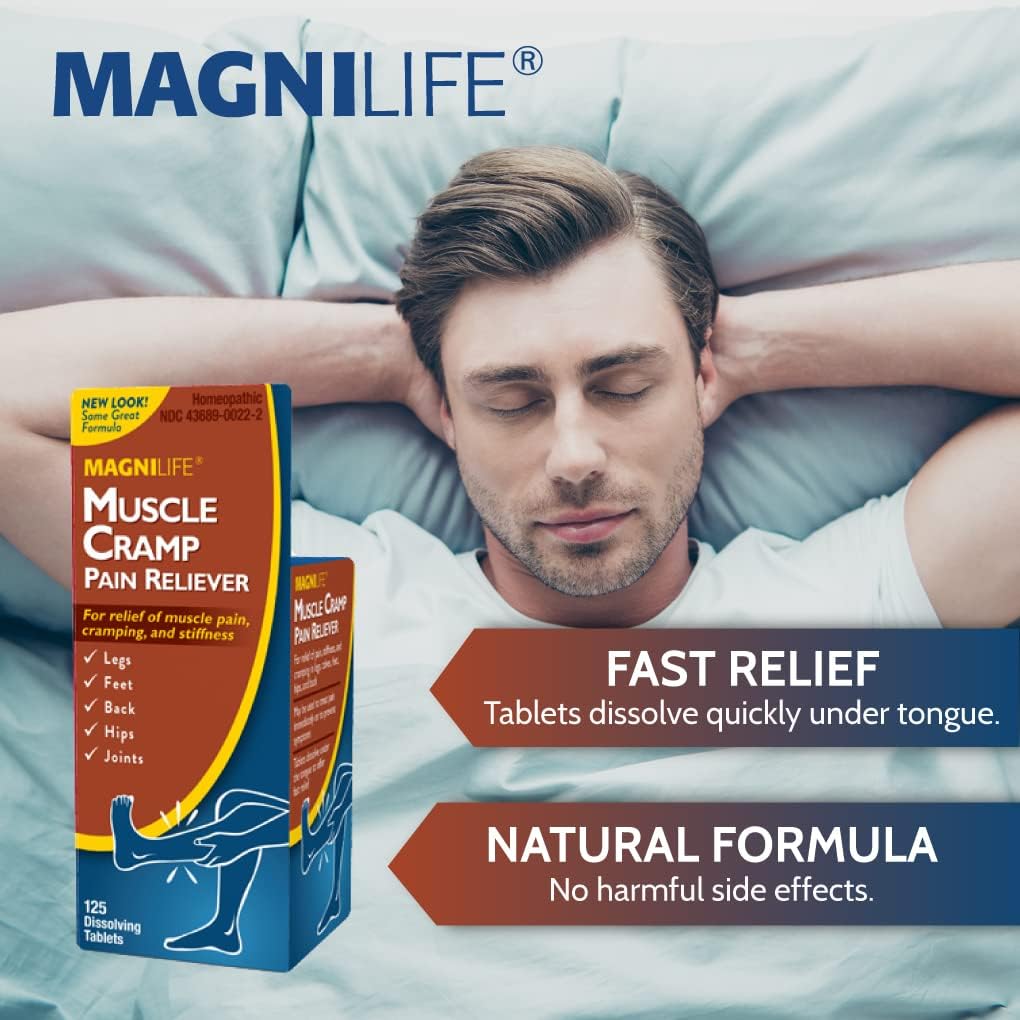 MagniLife Muscle Cramp Pain Relief Quick-Dissolve Tablets, 125 Count, Quinine-Free Homeopathic Medicine for Leg, Foot, Hip, Joint & Back Pain Relief