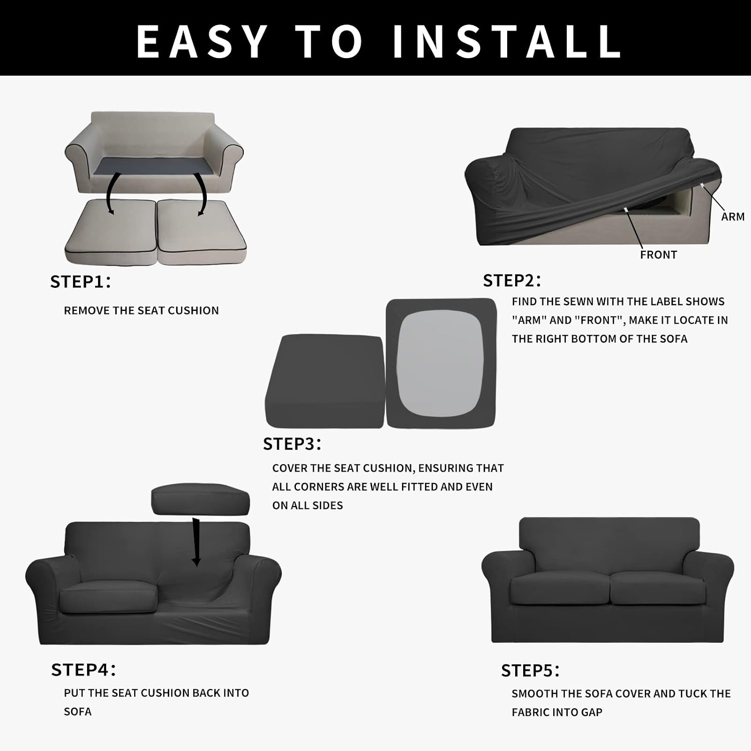 Easy-Going 4 Pieces Waterproof Recliner Chair Slipcover Washable | Stretch Soft Couch Cover for Dogs, Sofa Slipcover for Recliner Couch Furniture Protector for Kids, Pets Dark Gray