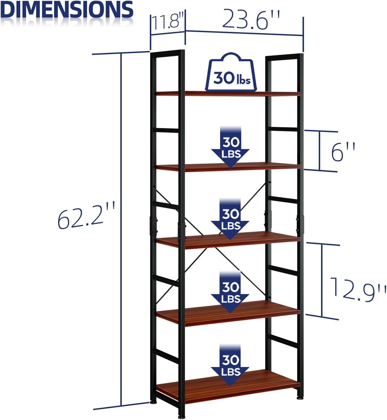 NUMENN 5 Tier Bookshelf, Tall Freestanding Open Storage Bookcase, Vintage