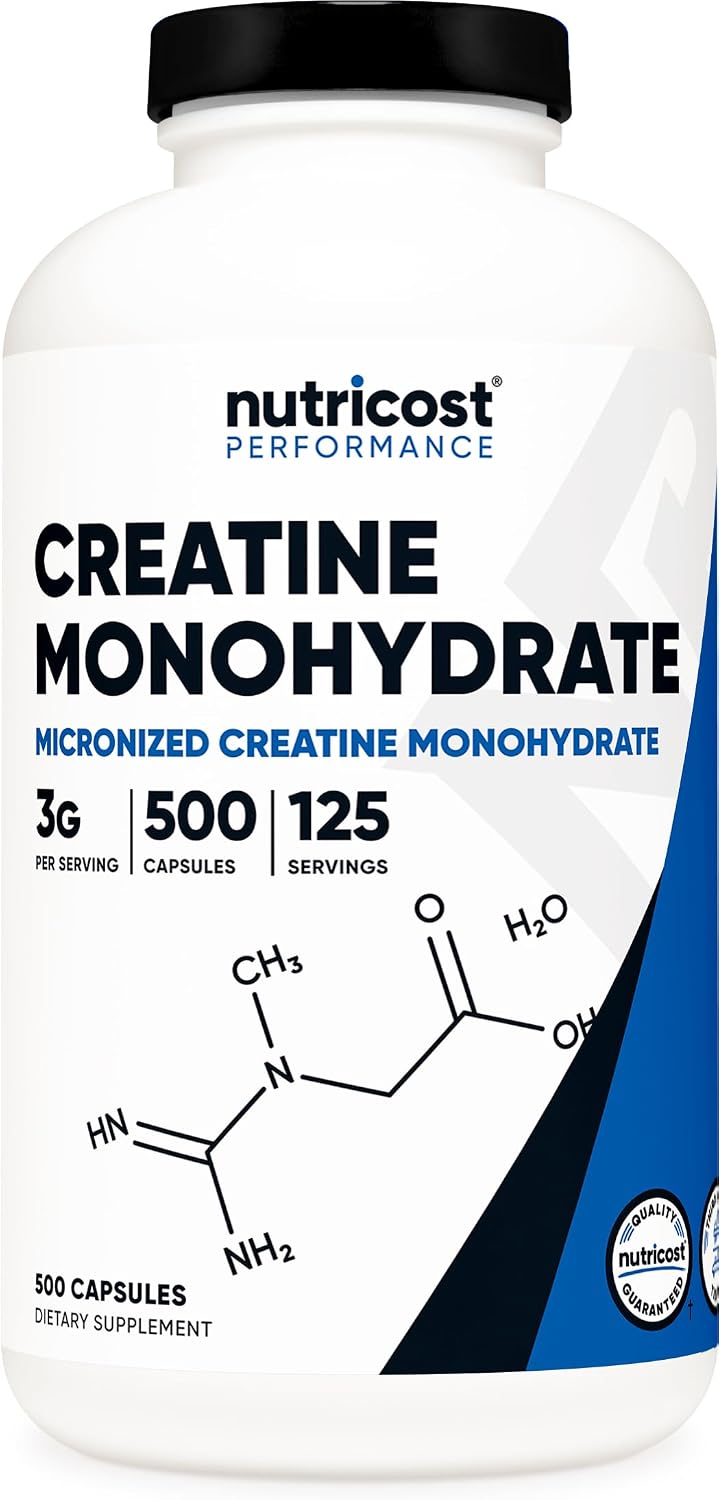 Nutricost Micronized Creatine Monohydrate (3,000mg) 500 Capsules | 125 Servings, 750mg Creatine Per Capsule
