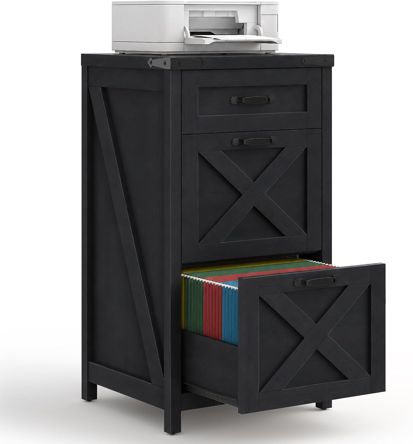 3 Drawers Tall Farmhouse File Cabinet with Wheels for Home Office, Black | Halitaa Vertical Filing Cabinet Fits Letter/A4 Size, Rolling File Cabinet Wooden Printer Stand for Home Office