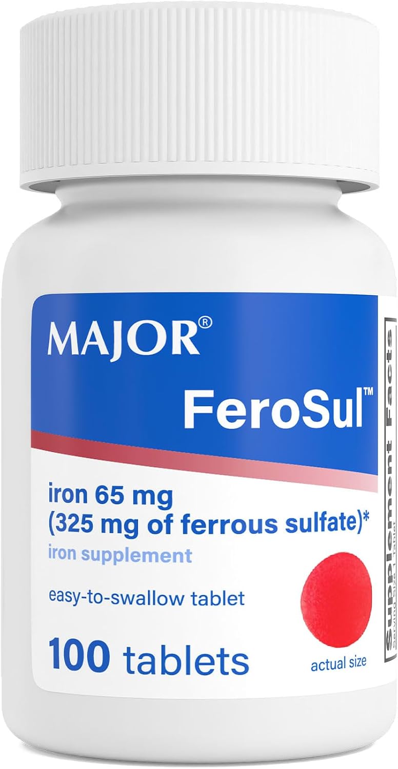 Major Ferosul - Ferrous Sulfate 325mg Tablets with 65mg of Elemental Iron - Iron Supplement for Women, Men - Red - 100 Count (1 Pack)