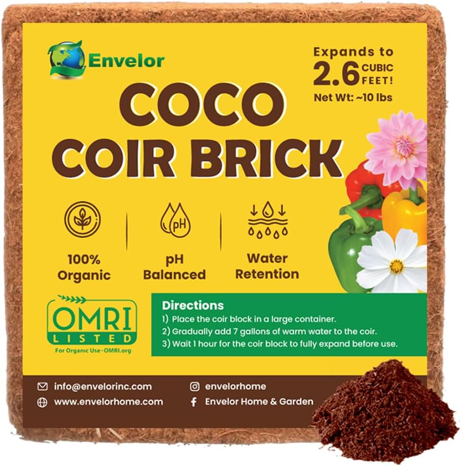 Envelor Organic Coco Coir Brick 10 Lbs. Coir Block Coconut Fiber Growing Medium Potting Soil Mix Coco Peat Media Coir Pith Indoor Outdoor Planters Vegetable Garden Beds