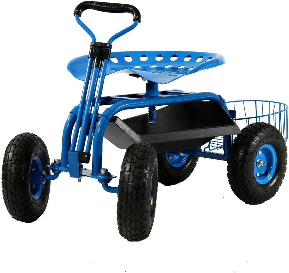 Sunnydaze Garden Cart with Wheels and Extendable Handle, Blue | Steel Rolling Gardening Seat with Utility Tray, and Basket for Storage, Rotating, Swiveling Motion