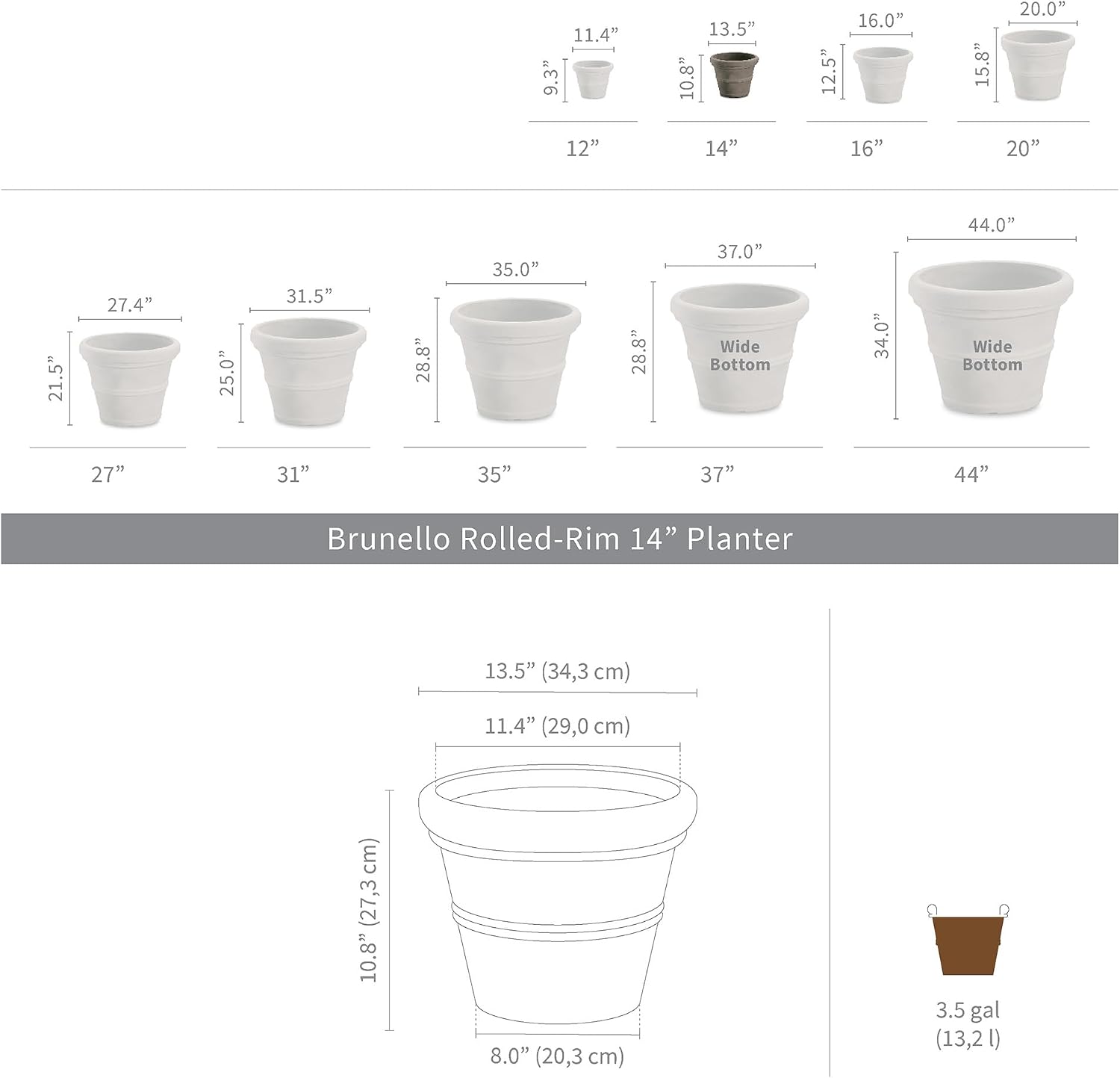 Crescent Garden Brunello Classic Gray Rolled Rim Planter Pot, Lightweight Indoor/Outdoor Weather-Safe Round Plant Pot, 27''W (Weathered Concrete)