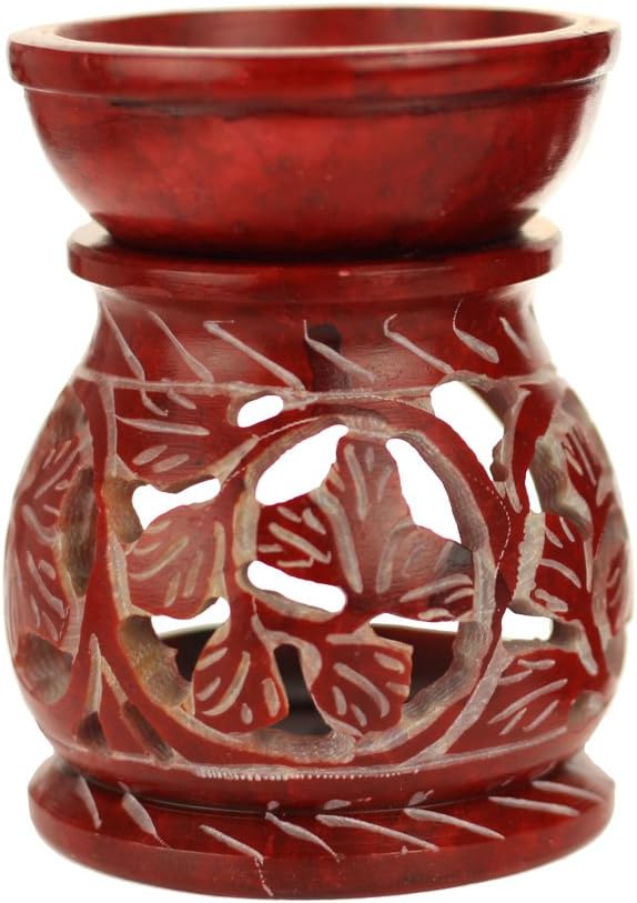 Oil Diffuser - Red Soapstone Oil Burner Round Leaves 3.25"