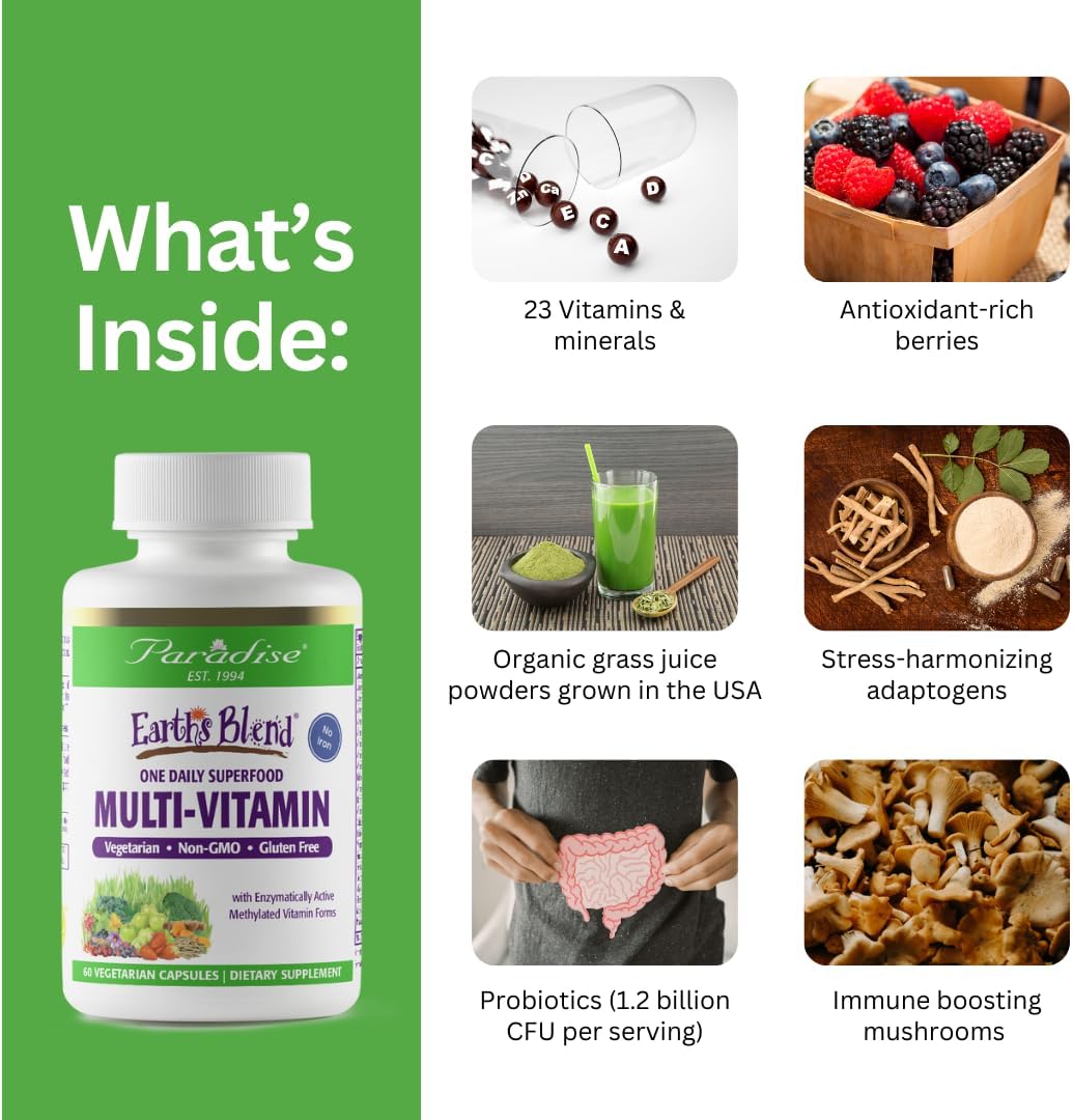 Paradise Herbs & Essentials Once Daily Multivitamin Iron 60 Capsules | Organic superfoods, probiotics, and vitamins A, B12, C, D, K2 in a dietary supplement for immune and bone support.