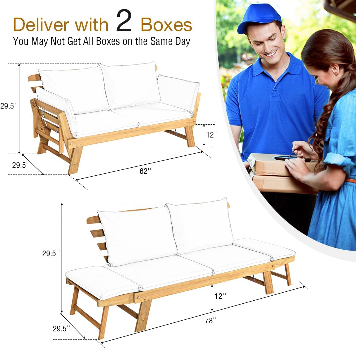 Tangkula Convertible Acacia Wood Patio Couch Sofa Bed with Adjustable Armrest, Outdoor Daybed with Cushion & Pillows