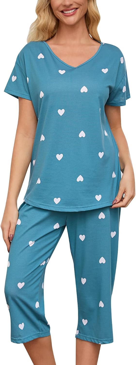 ENJOYNIGHT Womens Pajama Set Cotton Summer Pj Top with Capri Pant Sleepwear