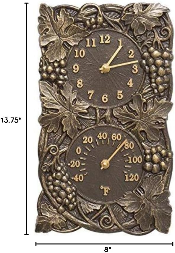 Whitehall 01953 Grapevine Combo Indoor Outdoor Wall Clock and Thermometer in French Bronze 8X13.75x1.25