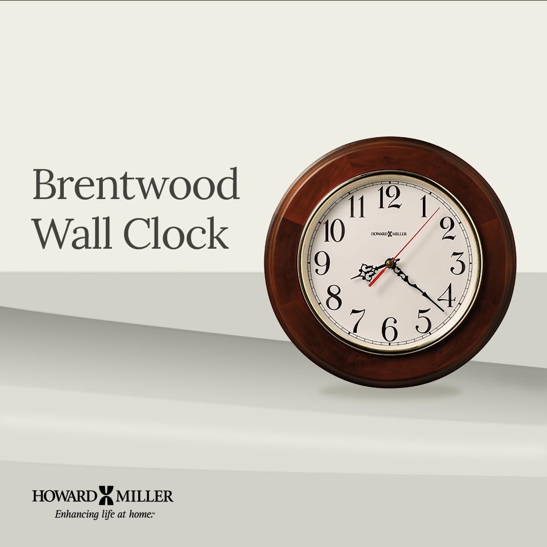 Howard Miller Brentwood Wall Clock – Wood Finish, Brass Bezel, Silent Quartz Movement, Round, Battery Operated, Home or Office Decor