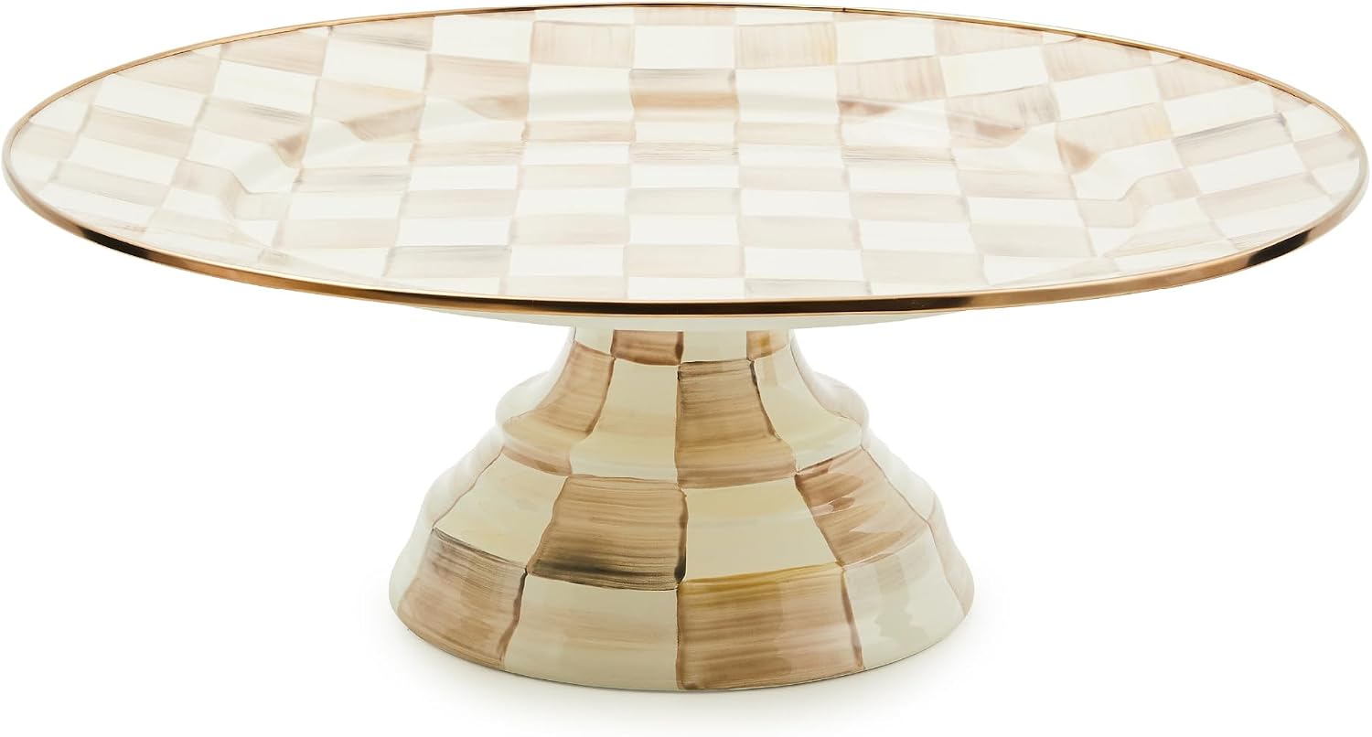 MACKENZIE-CHILDS Pedestal Platter, Mini, Black-and-White Courtly Check | Hand-painted design, made from enameled steel, stackable round cake stand for serving desserts, 8" dia. x 3" H