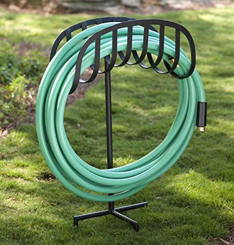 Liberty Garden Freestanding Decorative Powder Coated Steel Manger Garden Hose Holder Storage Stand with 3 Prong Anchor Support, Black