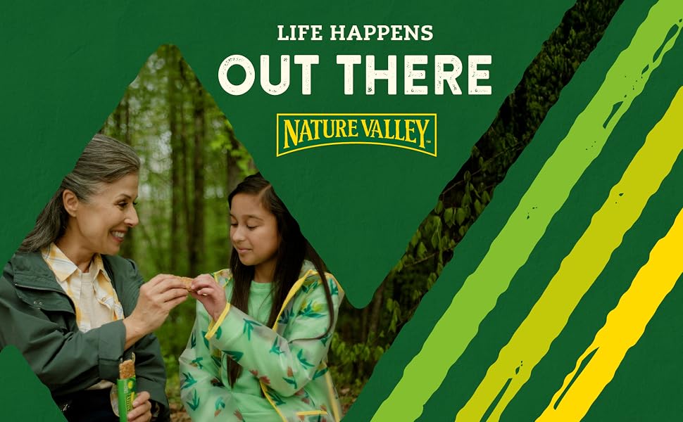 Two people in a forest sharing a Nature Valley granola bar and the words life happens out there