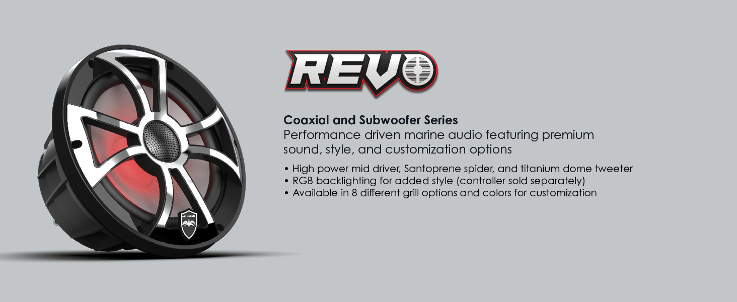 Rev Series: Coaxial and subwoofer series, performance drive marine audio focusing on sound and style
