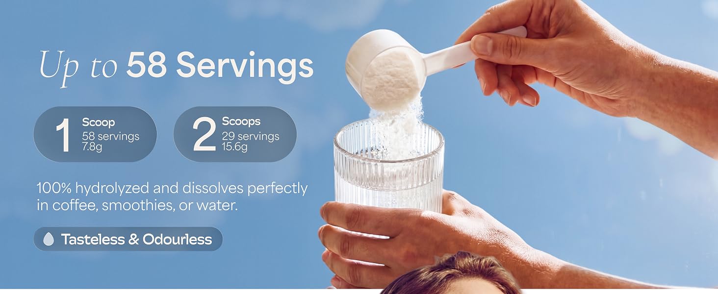 Collagen powder scoop into glass – 57 servings, hydrolyzed, tasteless, odourless.