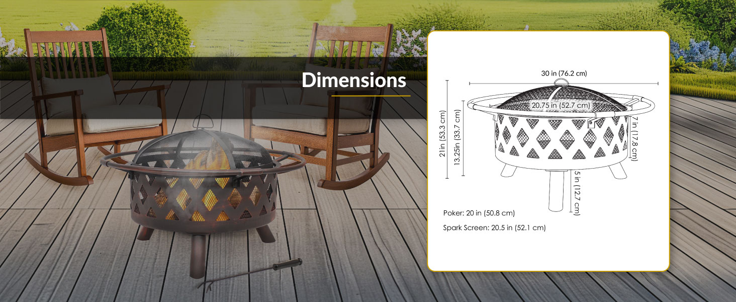30 inch Bronze Crossweave Wood-Burning Fire Pit, 21 inch height, 7 inch pit depth, 5 inch legs