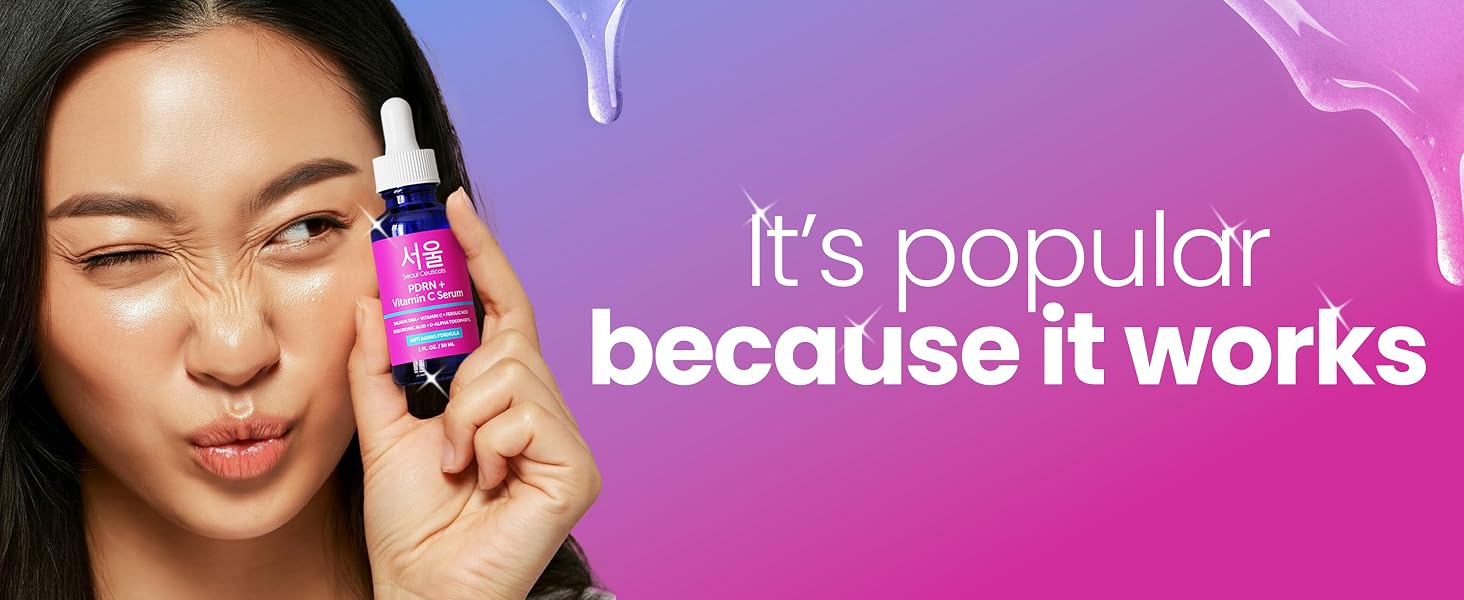 Korean PDRN Serum bottle held by a winking model against a pink-purple background with text.