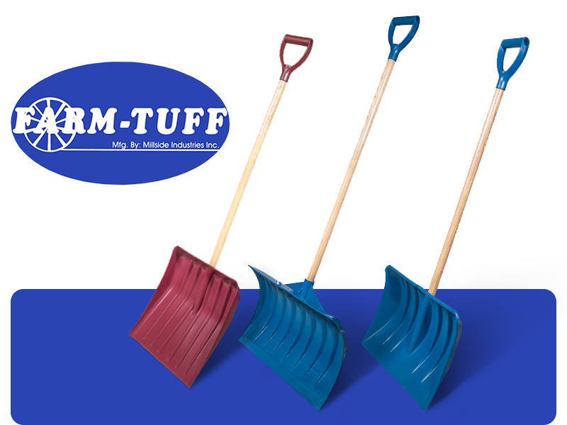 Three Farm-Tuff shovels. one red, two blue.