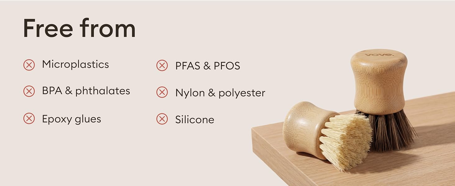 Product specification diagram showing text 'Free from:' with icons and labels including 'PFA &amp; PFOS', 'nylon &amp; polyester', 'microplastics', and 'silicone'.