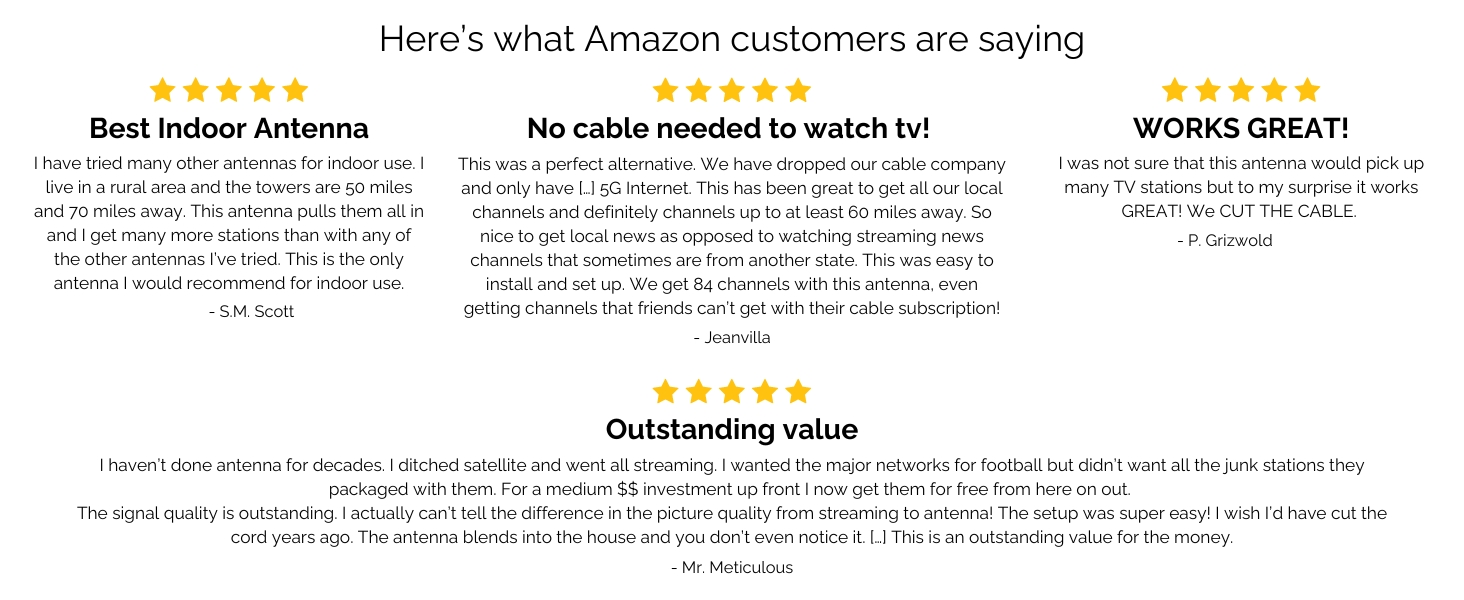 five star customer reviews TV antennas HDTV antenna digital OTA happy satisfied customers
