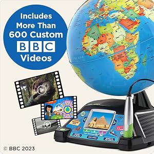 Includes more than 600 custom BBC videos. Close up of globe with examples of some videos.