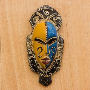 Novica Handmade Blue Orange Wood African Mask Hecha a mano Azul Naranja Madera Africana Mascarilla
